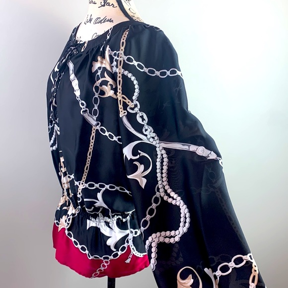 White House Black Market Chain Print Lace Up Peasant Blouse - Picture 2 of 6